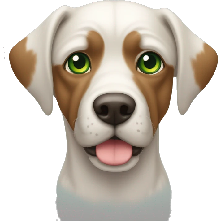 Perro de pelo corto, de manchas blanco y cafe, de complexión robusta y de ojos color verde emoji