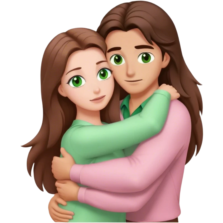 white woman with very long brown hair and green eyes in a light pink outfit hugging Gaston emoji