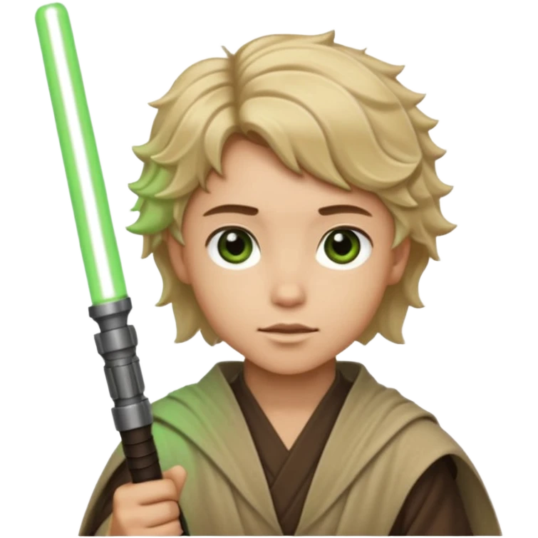 Young jedi with dark brown eyes and sandy blonde wavy short hair holding a green light saber.  emoji