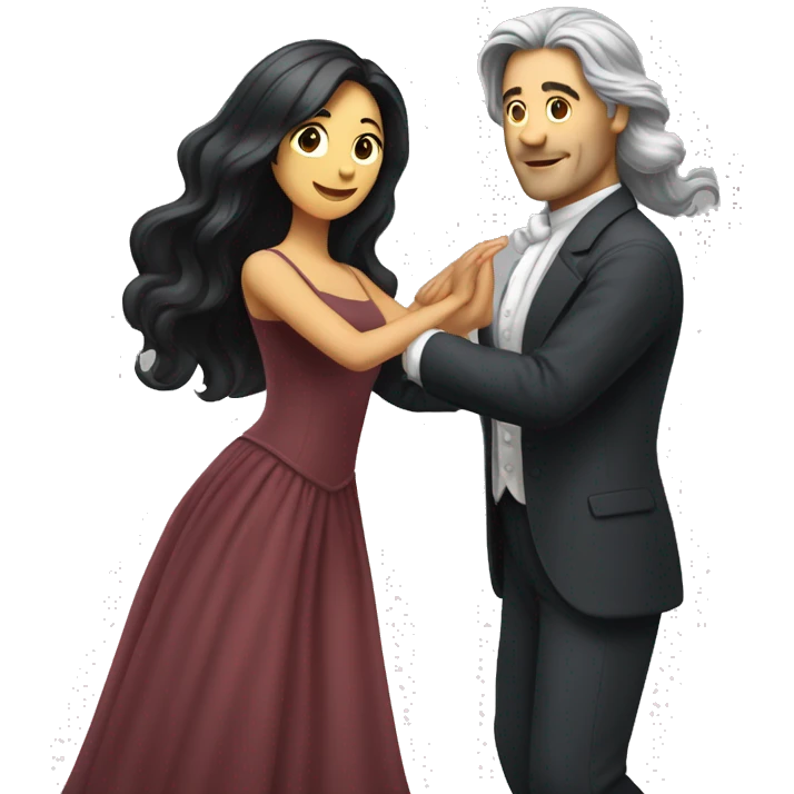 woman with long black hair and man with gray hair dancing waltz emoji