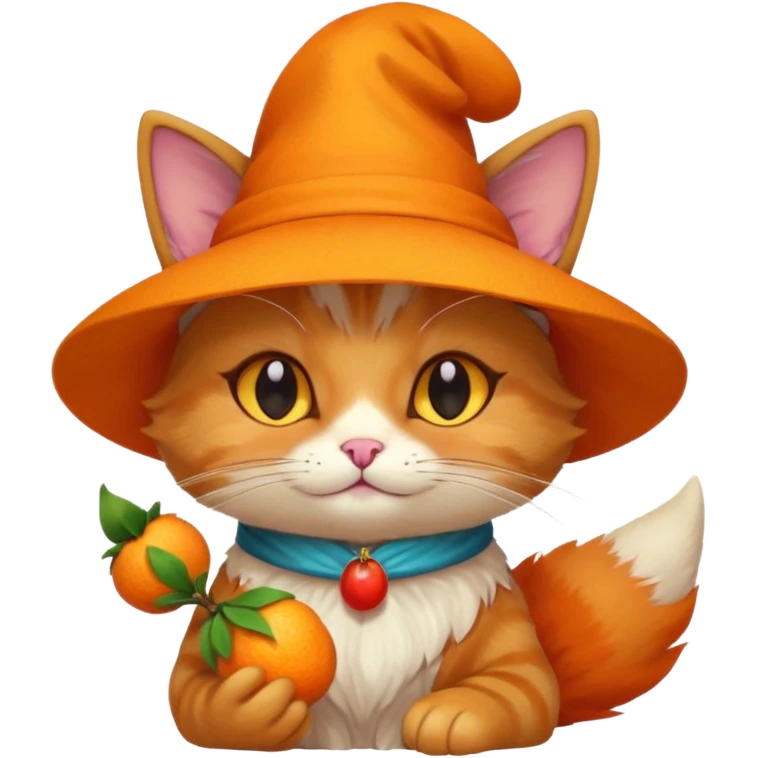 Cat wearing a hat and has a kitsune fruit in her hand emoji