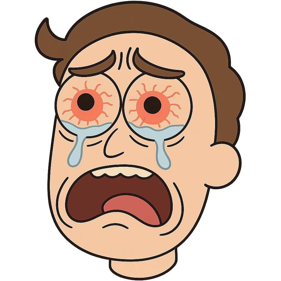 close-up of a face with exaggerated, red, teary eyes, eyebrows raised in pain, as if vinegar was dripped into the eyes, cartoon style emoji