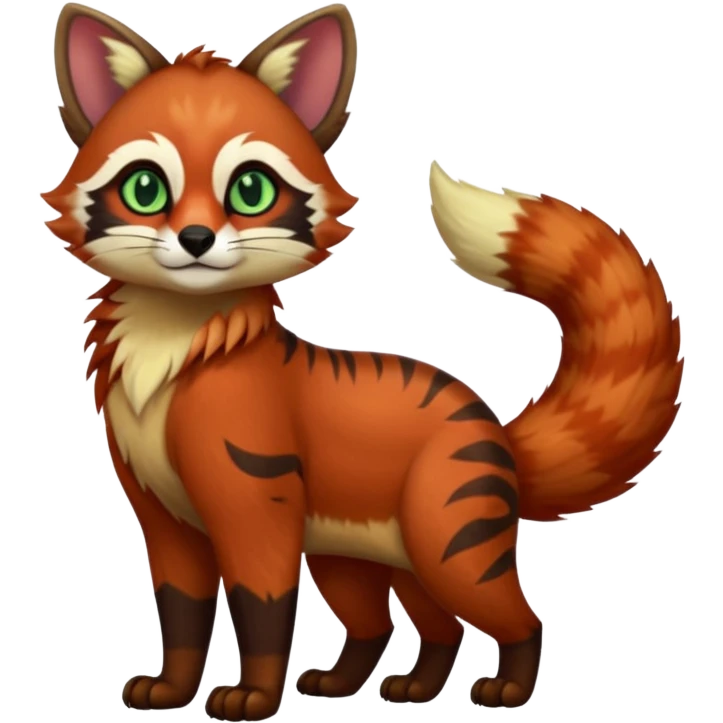 Colorful tropical exotic cute cool beautiful shiny beautiful fantasy-caracal-civet-genet-Gryphon-Cacomistle-Trico-Red-Panda-oncilla-animal-Fakémon-hybrid-fursona (full body) emoji