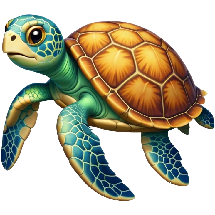 Cinematic Comical Sea Turtle Portrait Emoji, Head tilted dramatically with an exaggeratedly amused expression, featuring a boldly patterned, domed shell and wide, comically expressive eyes full of playful disbelief, Simplified yet hilariously expressive features, highly detailed, glowing with a slightly sassy oceanic glow, high shine, dramatic yet playful, stylized with an air of cheeky marine mischief, soft glowing outline, capturing the essence of a meme-worthy sea turtle that looks ready to glide its way into viral fame! emoji