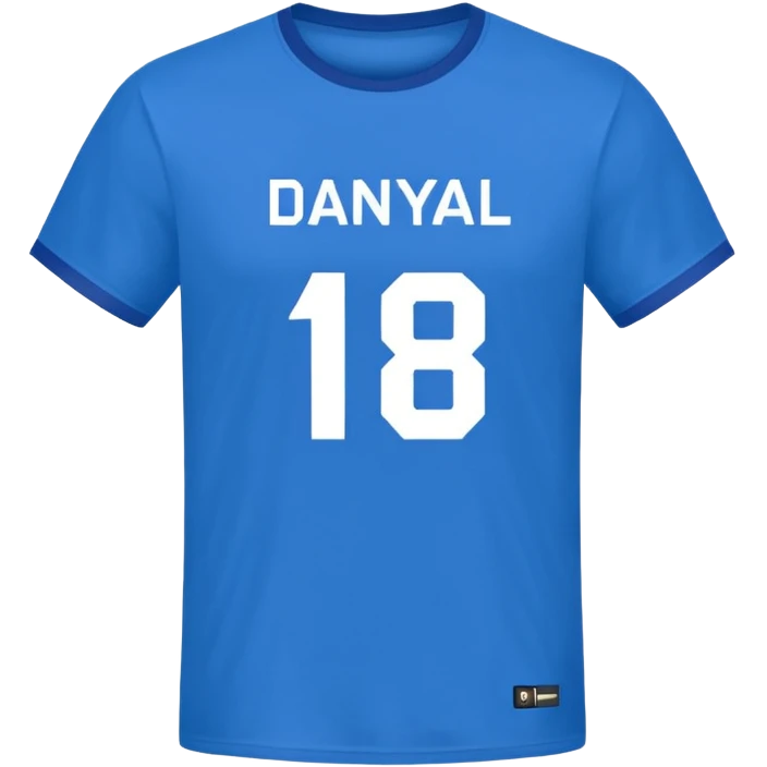 Football T-shirt saying "Danyaal" on the back with number 18 emoji