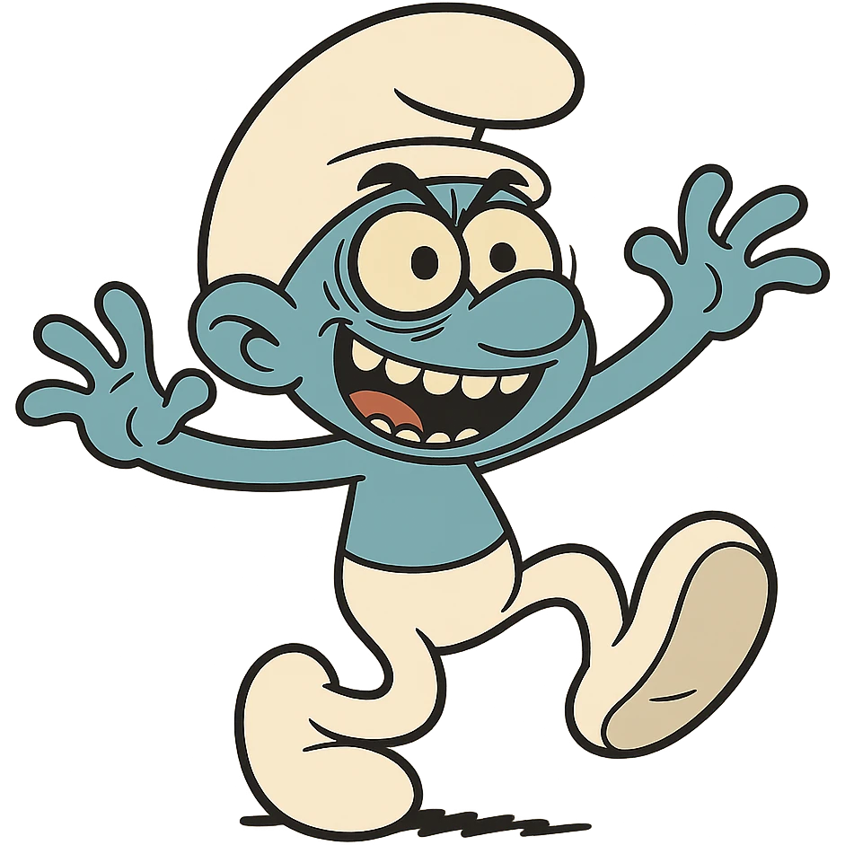 a smurf acting erratic, with dark circles under eyes and a manic grin, cartoon style emoji
