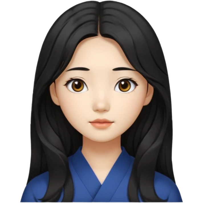 Korean girl with long black hair that is slightly wavy, with a middle part and face framing hairstyle. Asian eyes, brown colored eyes emoji