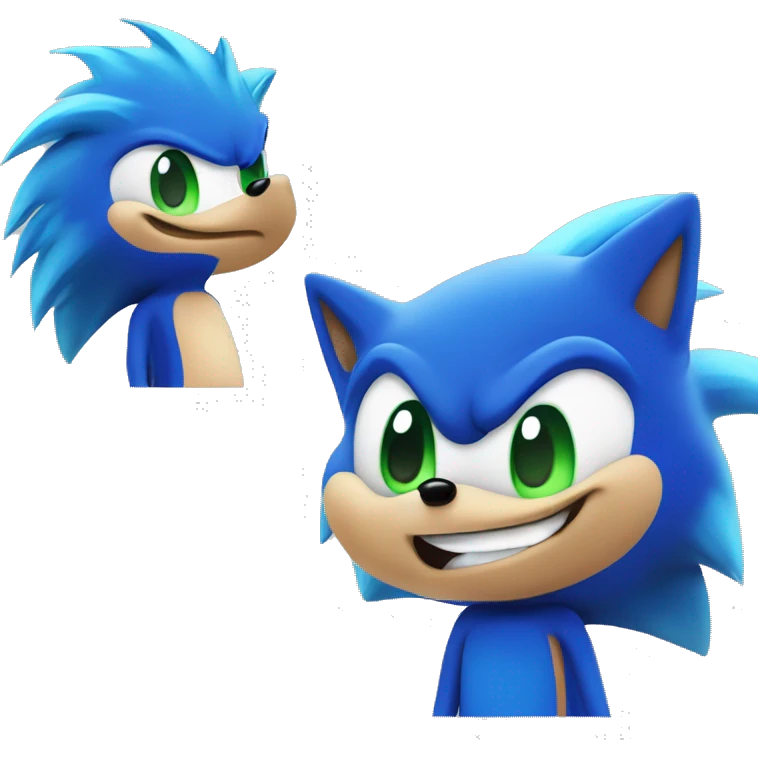 Sonic the Hedgehog,a blue hedgehog with green eyes and blue fur he has 3 spines in the middle 2 up and down he has a smirk and a black round nose emoji