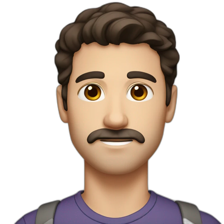 A young Caucasian man with dark brown eyes, almond-shaped eyes, short dark brown hair, and a small dark brown beard with a more prominent mustache. emoji