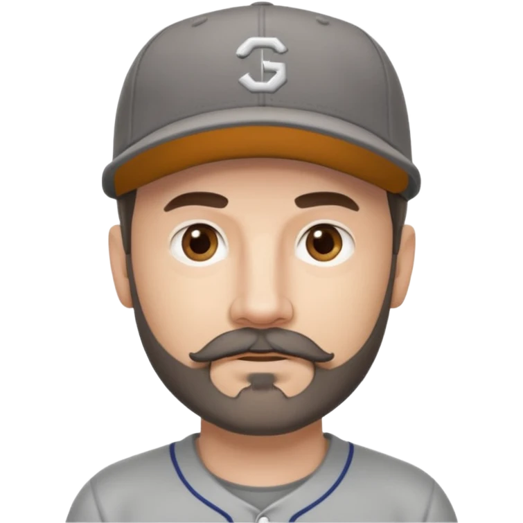 white male with dark brown goatee beard and moustache with grey tones wearing a grey baseball cap back to front with hazel eyes emoji