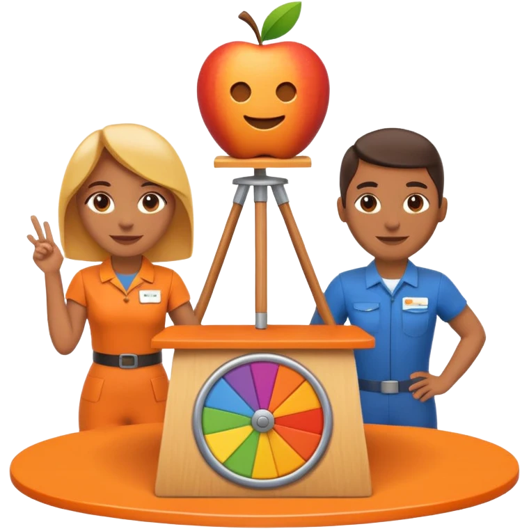 pple-style emoji of a recruitment booth. Two cartoon figures stand behind an orange table with 'MARROW, be a match' branding, a colorful spinning wheel, and a branded vertical banner. Simplified and cute emoji