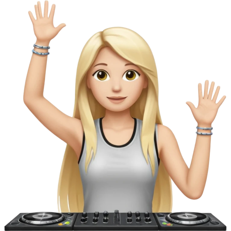 I want a white female dj animated gif emoji with long straight blonde hair putting hands up in the air. Wearing a tight no sleeve top  emoji