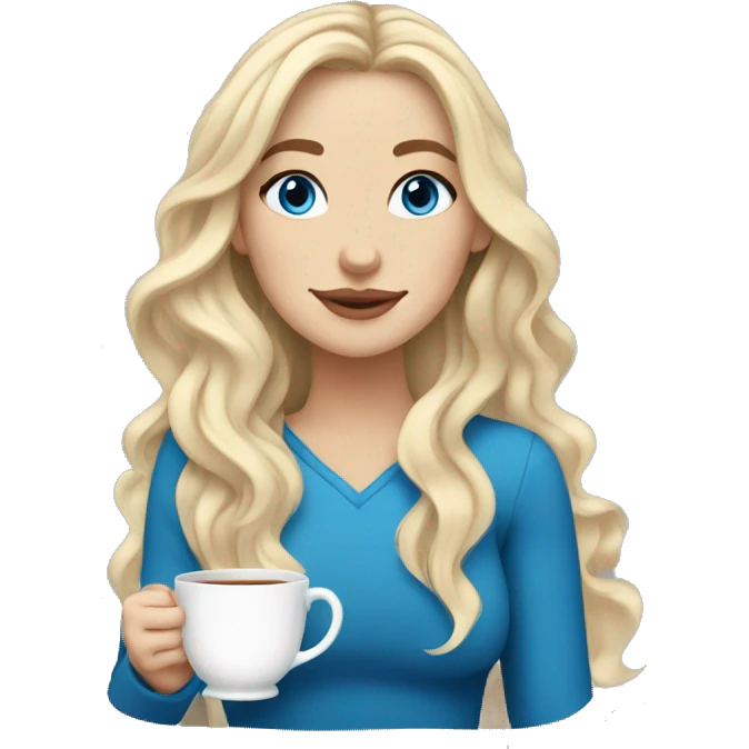 white girl blonde with long wavy hair and blue eyes with cup of tea emoji