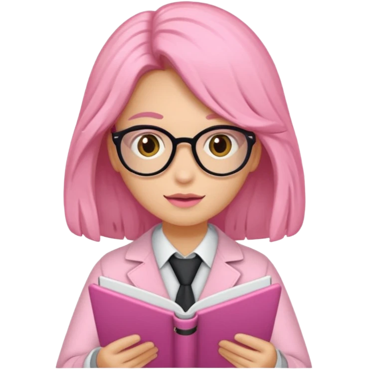 Estudante de cor parda,com o cabelo loiro , e de óculos segurando um caderno rosa emoji