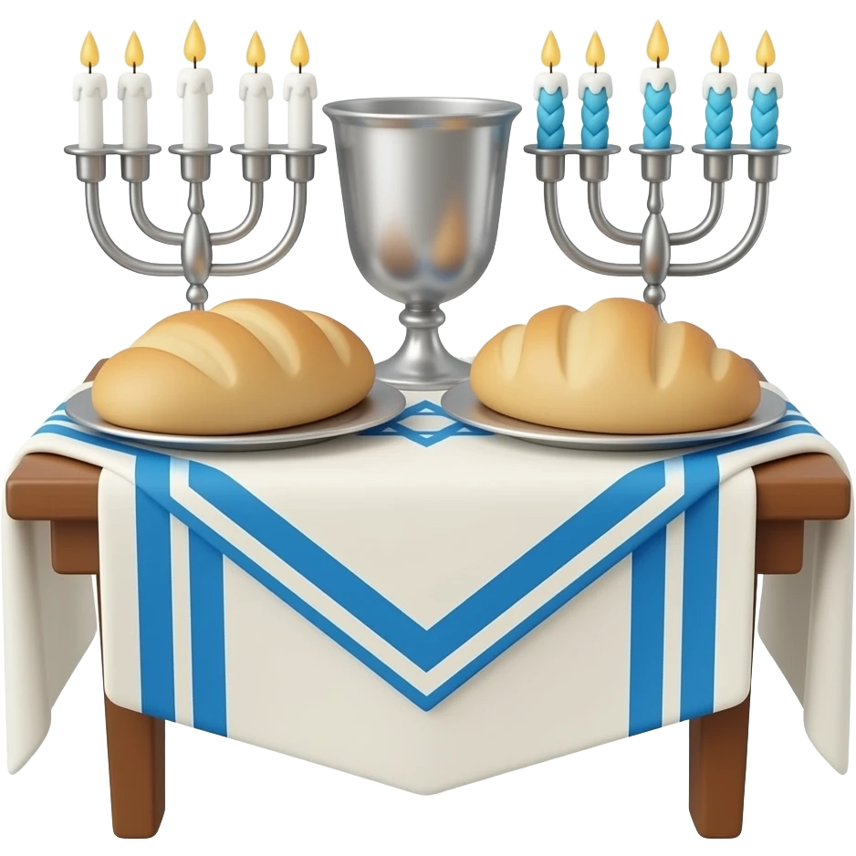 3D emoji of Shabbat table: two Challah breads under cloth, silver Kiddush cup, lit candlesticks, braided Havdalah candle, silver spice box. Mezuzah background. Glossy, vibrant, isometric UI asset, 8k. emoji