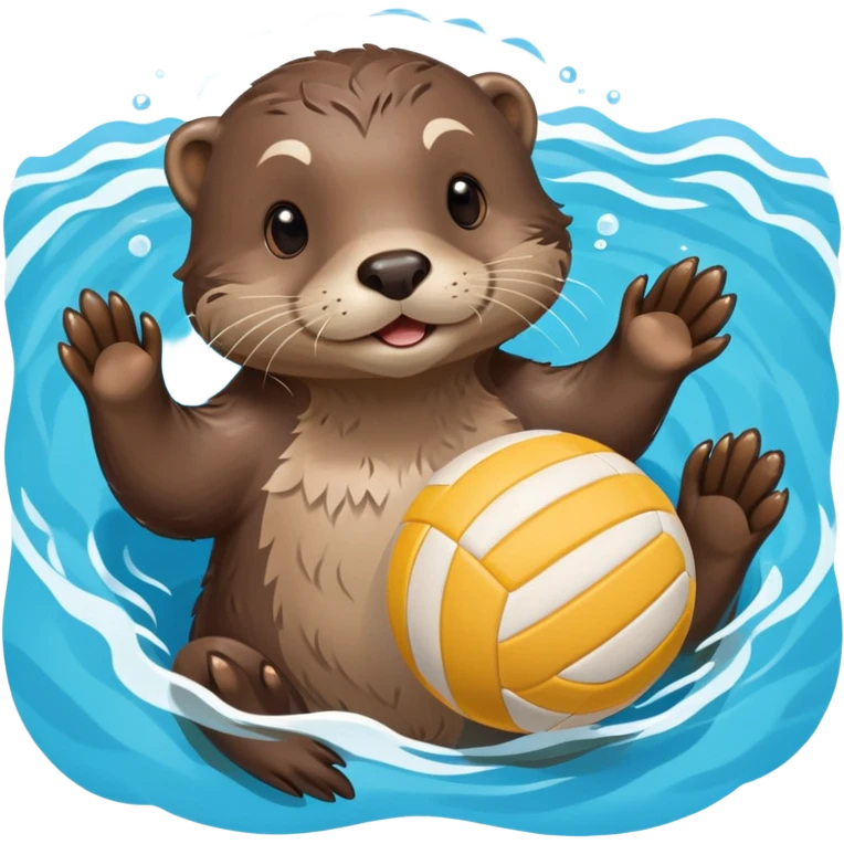 adorable otter floating on clearly visible blue water with waves, holding a volleyball with both paws above water emoji