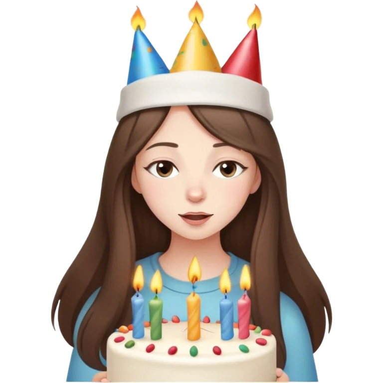  beautiful pale brunette girl with long hair with birthday cap blow out the candles on her birthday cake eyes closed emoji