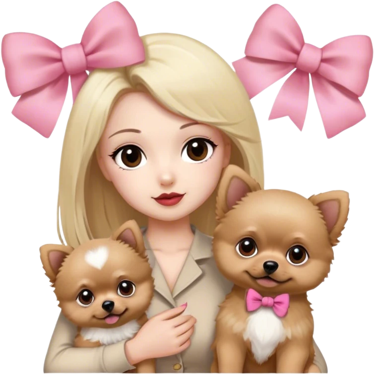blonde girl old money beige outfit brown eyes with his boy husband white skin black hair and brown eyes with two pomeranian baby 1 white and another red brown with pink bow for the dogs emoji