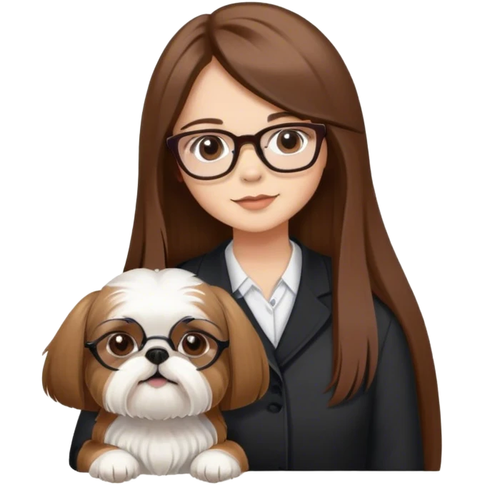 Uma menina de cabelos longos liso 3 castanho,pele clara, olhos castanhos mel, com oculos e um cachorro da raça shiatsu  emoji