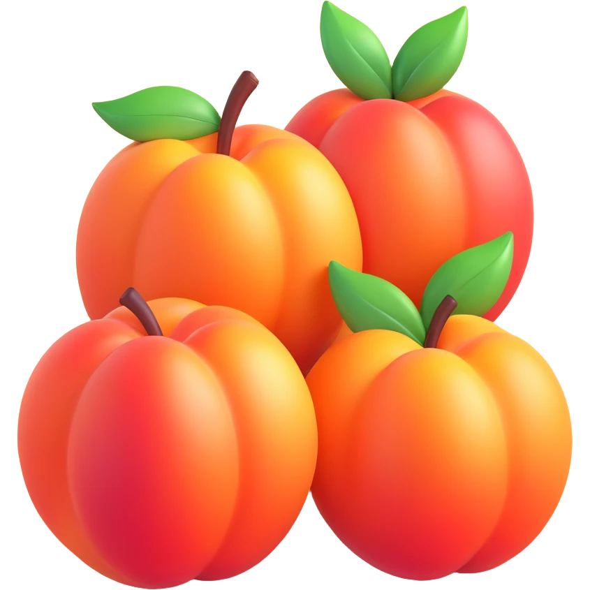 Make the three peaches even more glossy and shiny, in 3D iOS emoji style, with soft gradients and a glossy finish, no background. emoji