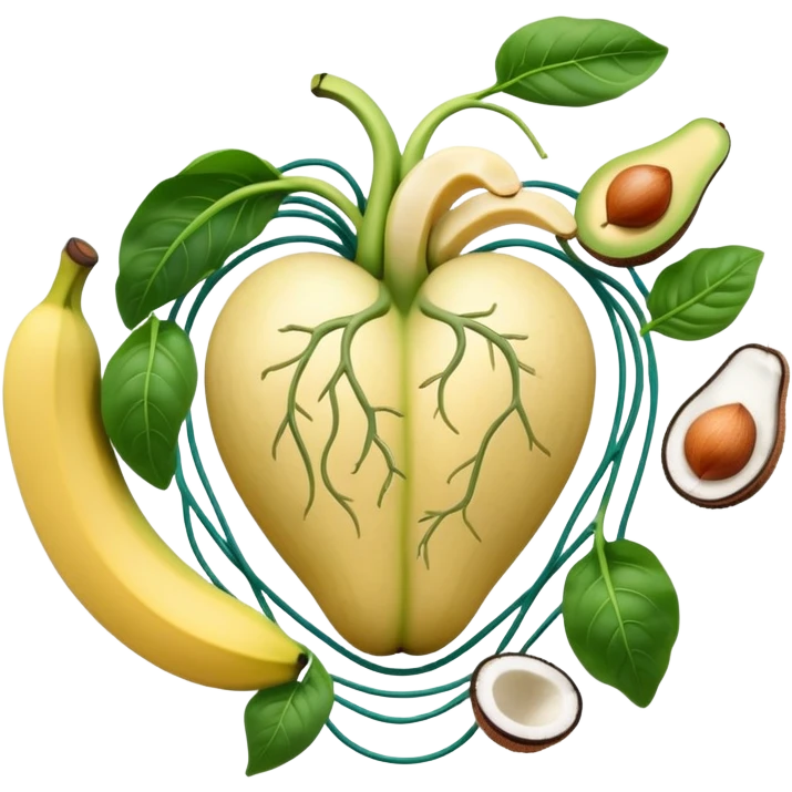 Banana, avocado, potato, spinach, coconut, white beans, and melon surrounding a glowing heart and nervous system network. Gentle electrical waves flow from the foods to the organs and muscles, illustrating how potassium maintains fluid balance and electrical stability throughout the body. emoji