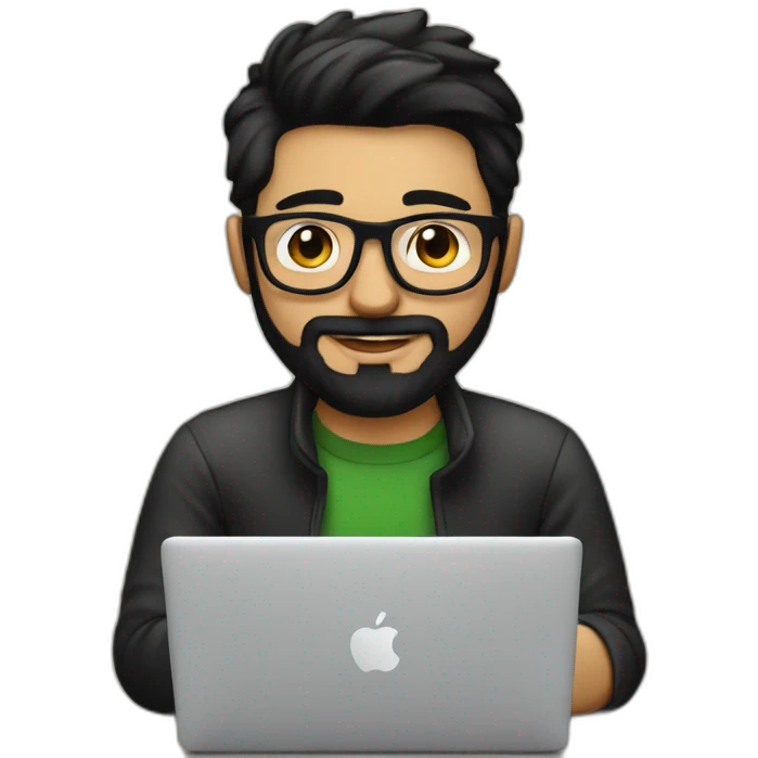 Designer with black hair, beard and glasses working with MacBook and drinking cappuccino  emoji