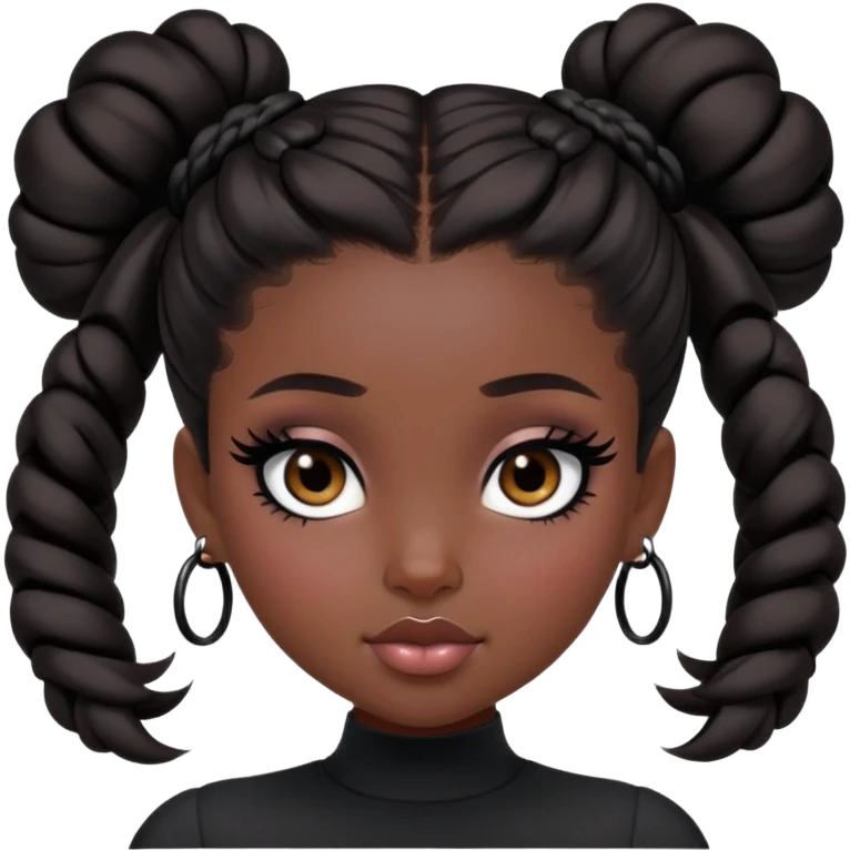 pretty bratz girl, dark brown space buns, dark brown eyes, black eyeliner, deep black skin emoji