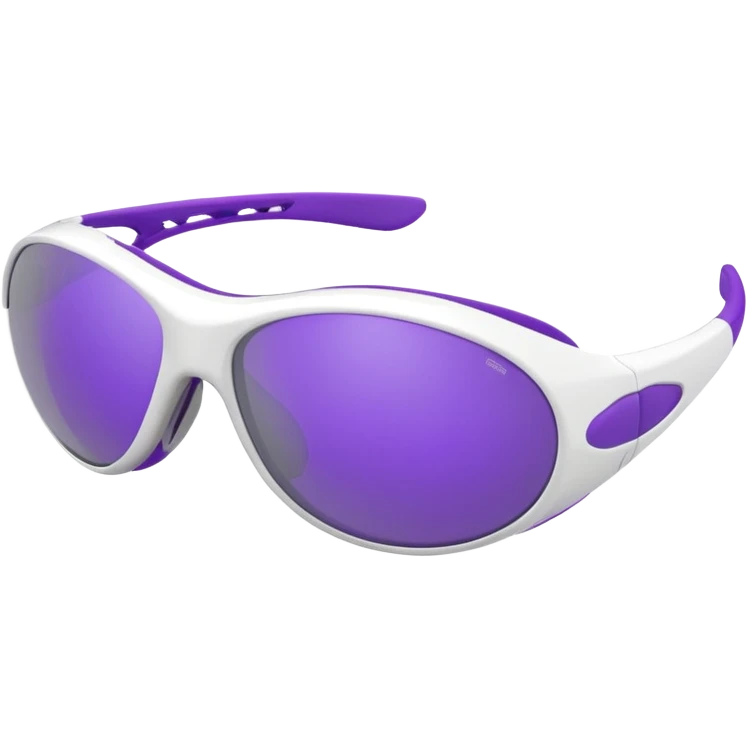 3D render of futuristic sports sunglasses, oval purple tinted lenses, white glossy frame, large gray ventilated nose guard, detailed reflections, realistic materials, high detail, isolated on transparent background, 4K resolution emoji