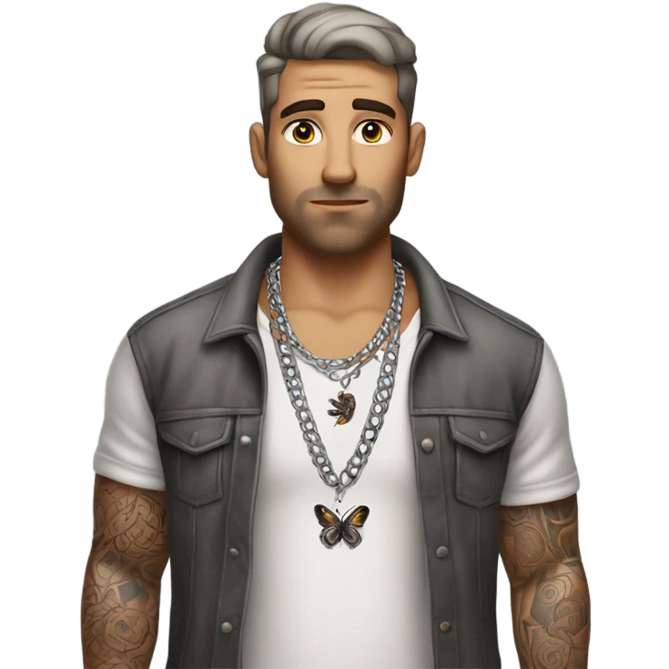 Full body image  of a Man with tattoos, brown hair and grey highlights, thick silver Cuban necklace that has big bug eyes looking to the side curiously emoji