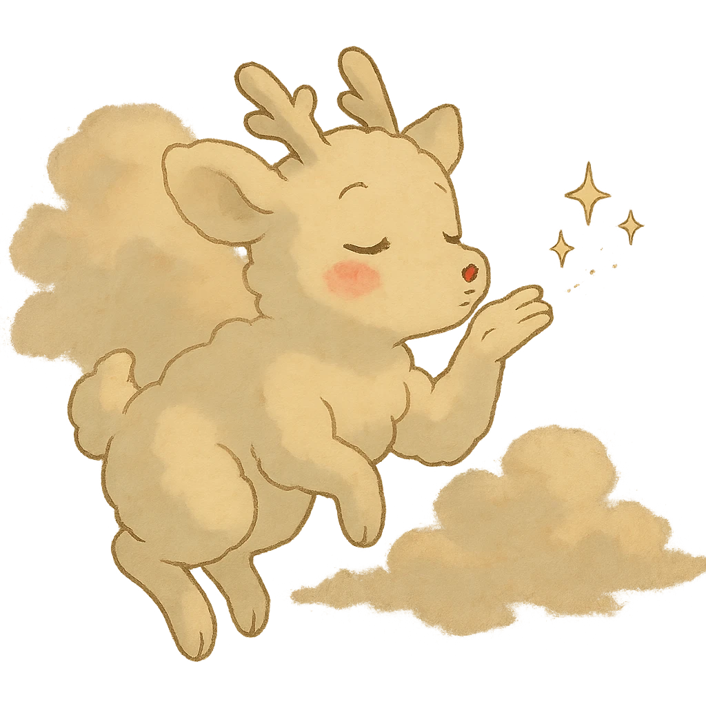 vanilla-colored cloud doe with rosy cheeks, floating, blowing a kiss with sparkles, soft and dreamy ghibli style emoji