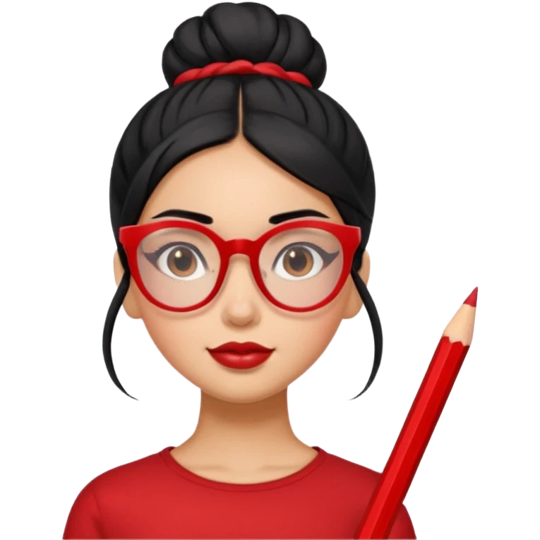 Morena girl with black hair in a pencil that creates a high bun hairstyle. She has red glasses emoji