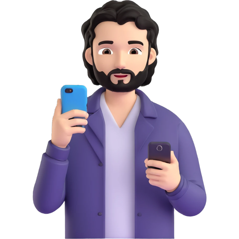 Business professional with black wavy hair, stubble, chiseled face, in casual attire with open collar shirt, relaxed pose with smartphone, warm approachable expression, modern and relatable for social media profile emoji