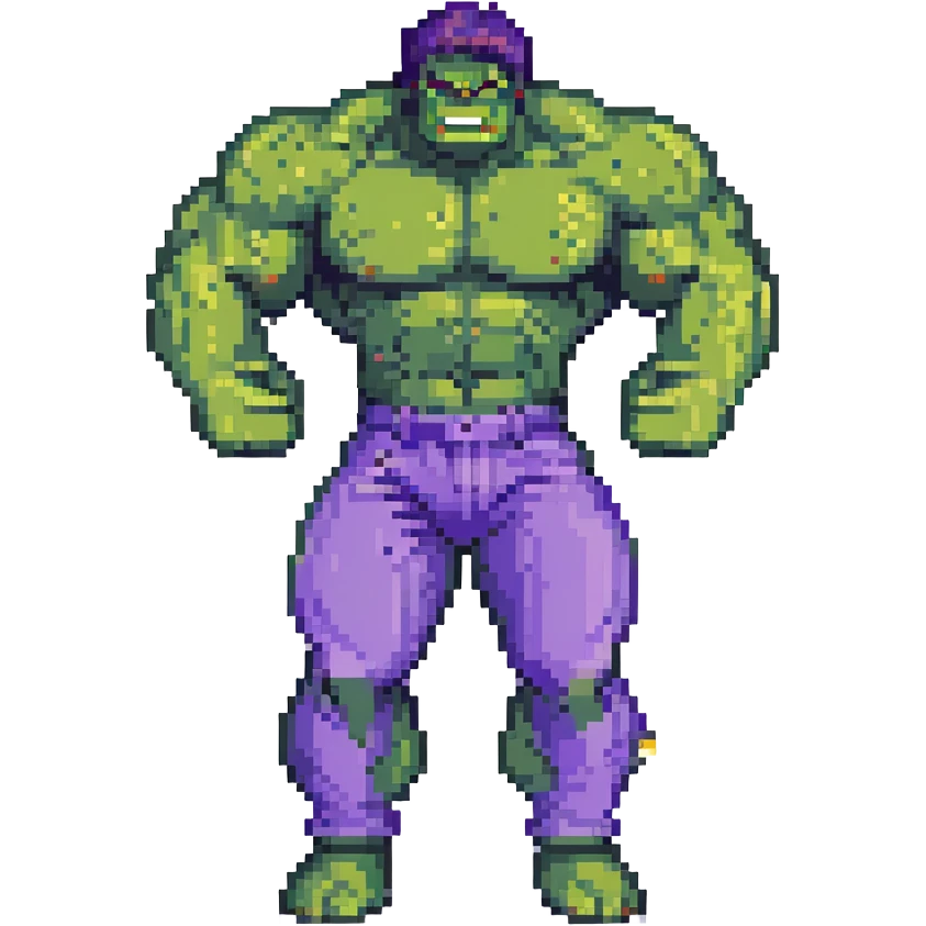 Hulk, green skin, muscular, purple pants, flexing arms, pixel art style emoji