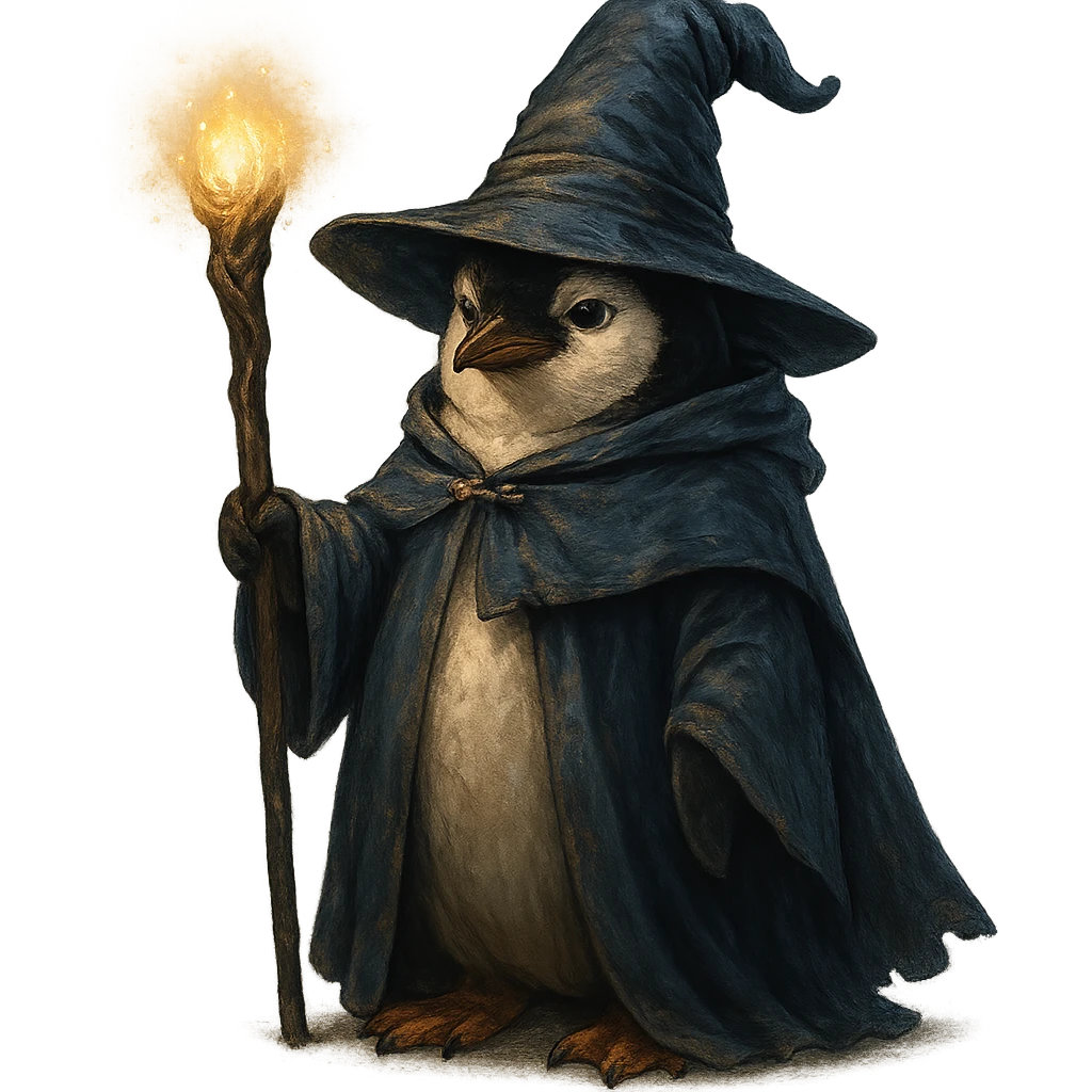 a penguin dressed as a wizard, holding a staff, magical hat, fantasy style emoji