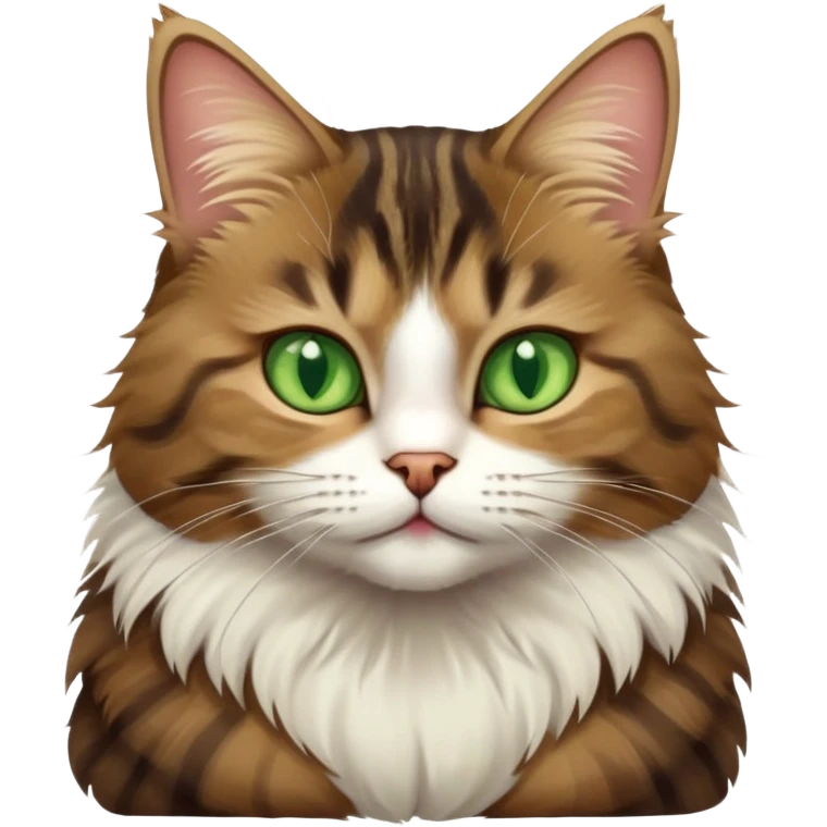 Brown, white, and black tabby cat with green eyes sitting to show its white belly, cute facial expression emoji