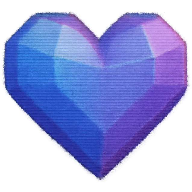 Low-poly 3D heart icon with a cute but vintage feel, slightly pixelated edges, CRT glow effect, blue-to-purple gradient with subtle scanline texture, VHS distortion, color bleed, slight blur, static flicker emoji