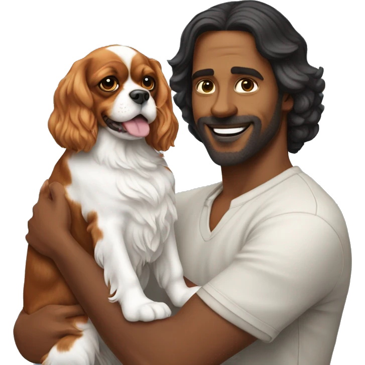 White man holding tricolor cavalier King Charles spaniel  emoji