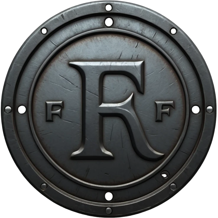 Minimal emoji, gothic metal coin made of black steel, engraved number f at the center, ancient industrial aesthetic, worn metal texture, no glow, no neon, flat emoji design, centered, transparent background emoji