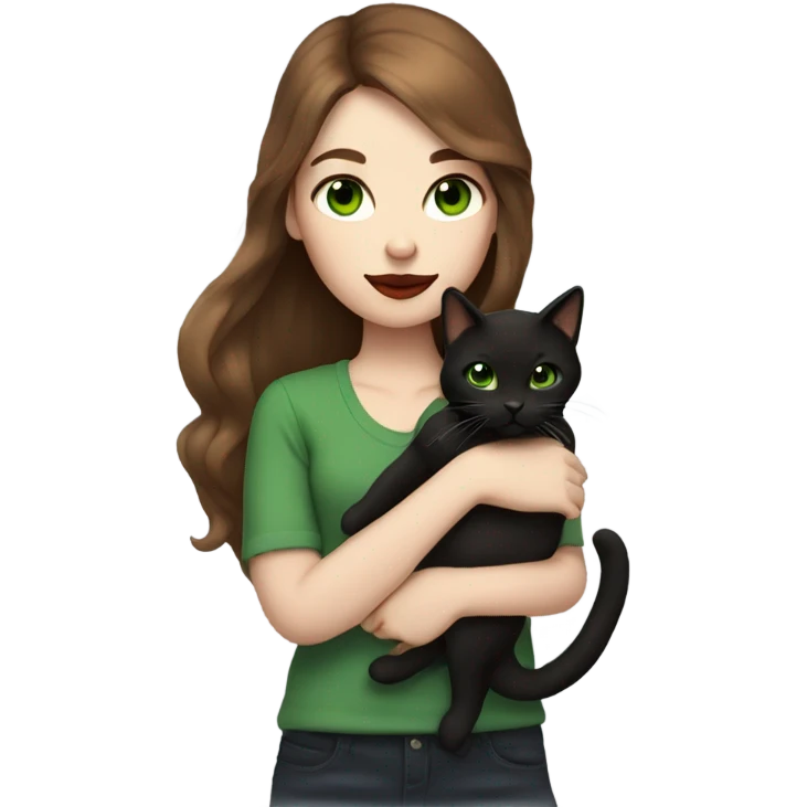 A girl with white skin, green eyes, red lipstick, mid long brown hair, holding a black cat in her arms  emoji