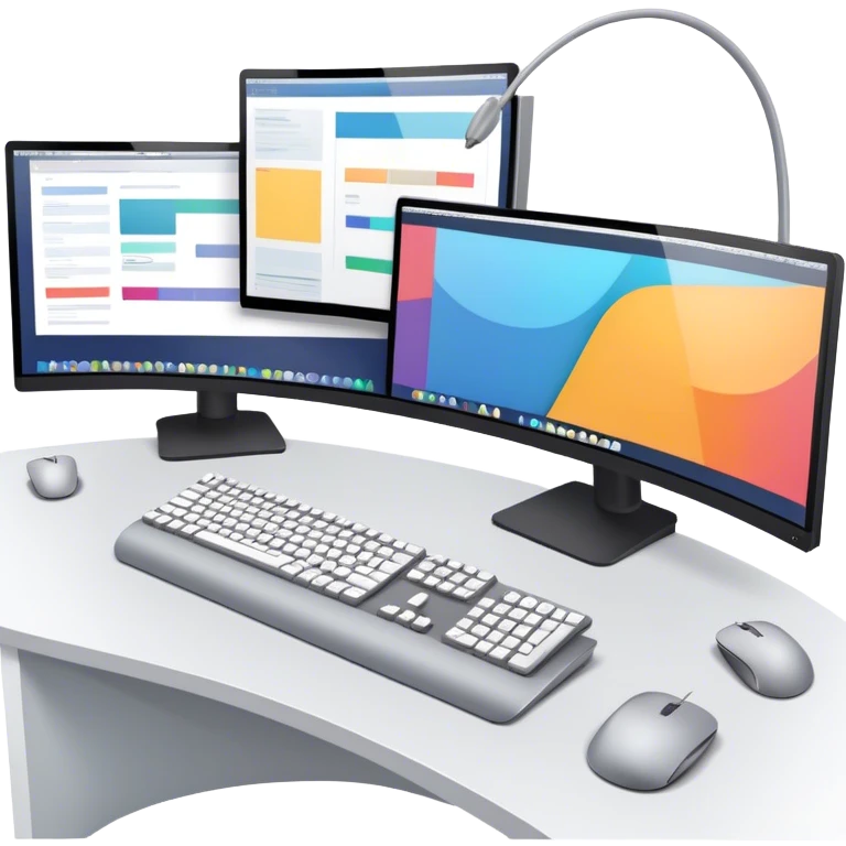 Create an emoji for UX/UI design. Show two large curved monitors displaying UX/UI design interfaces. Include a mouse, keyboard, and stylus next to the screens. Use modern, professional colors. Do not include any emojis or smiley faces. Make the background transparent. emoji