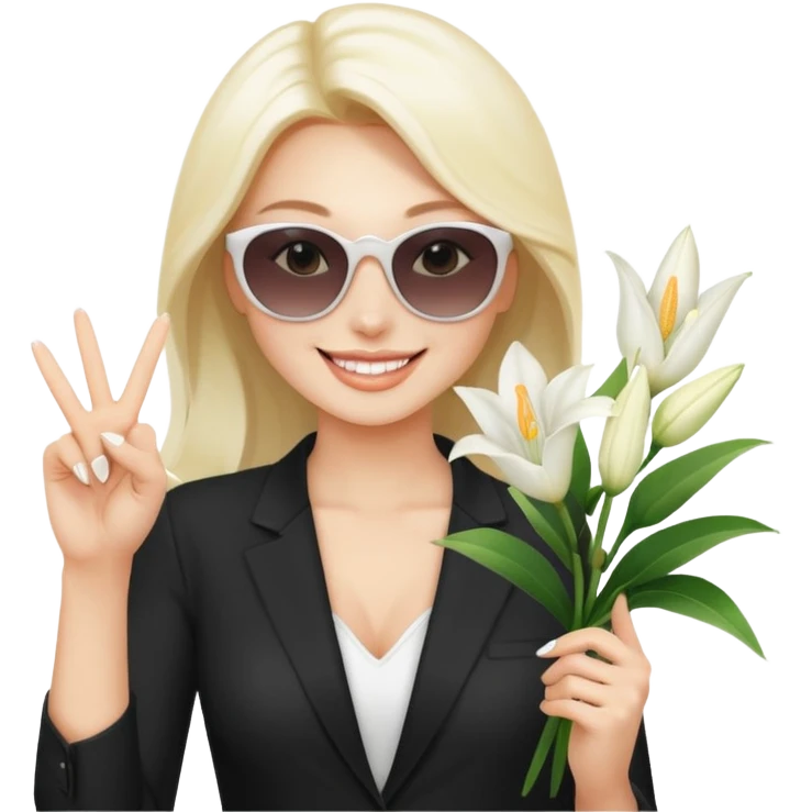 Professional sexy woman smiling holding lilies posing in shades  and flashing peace sign fingers emoji