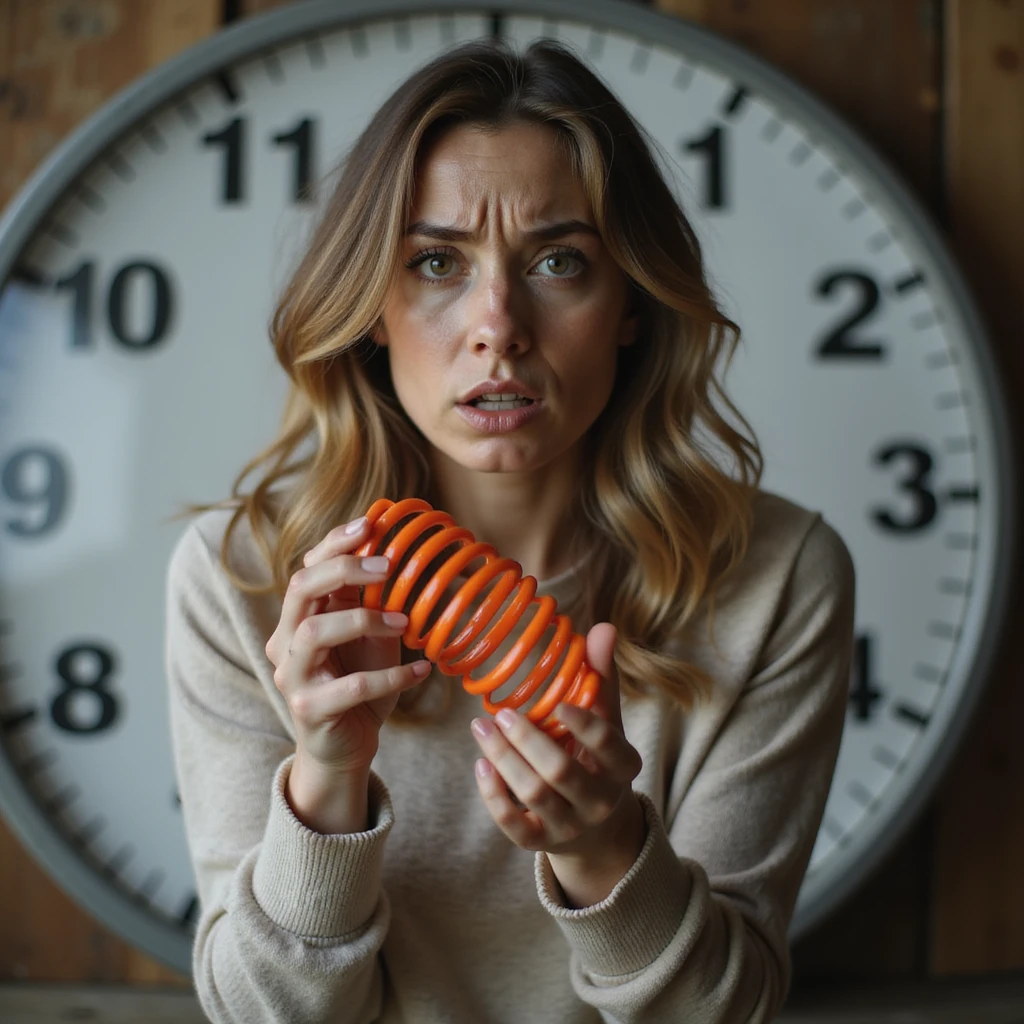 adult woman, photorealistic, holding a toy spring (slinky) in front of a scale, frustrated expression, natural light, home background, concept of yo-yo effect emoji