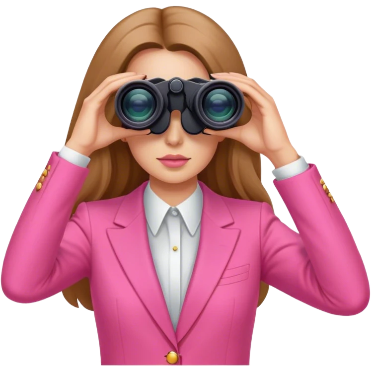 futuristic-looking woman with long hair in an intensive color pink suit looking through binoculars emoji