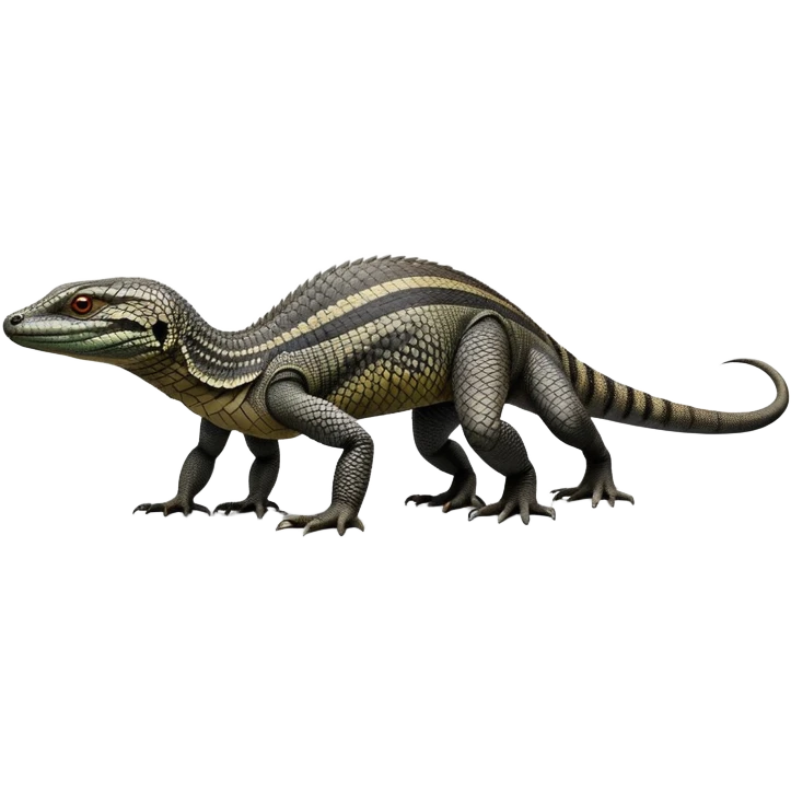 cinematic-monitor-lizard-realistic-full-body-standing on all fours-emoji,-long-powerful-tail-dragging-slightly-behind,-sleek-scaled-body-textured-with-rich-patterns and stripes,-head-tilted-dramatically,-dark-intense-eyes-observing-its-surroundings,-simplified-yet-realistic-focused-features,-highly-detailed,-glowing-with-an-almost-sarcastic-glow emoji