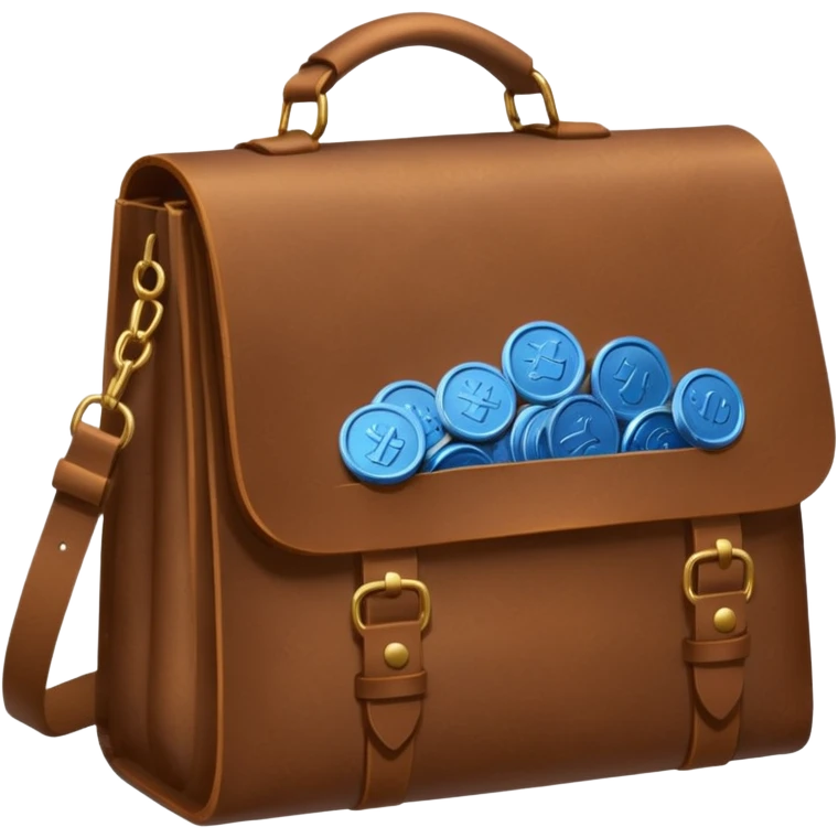 blue coins inside a brown leather bag  emoji