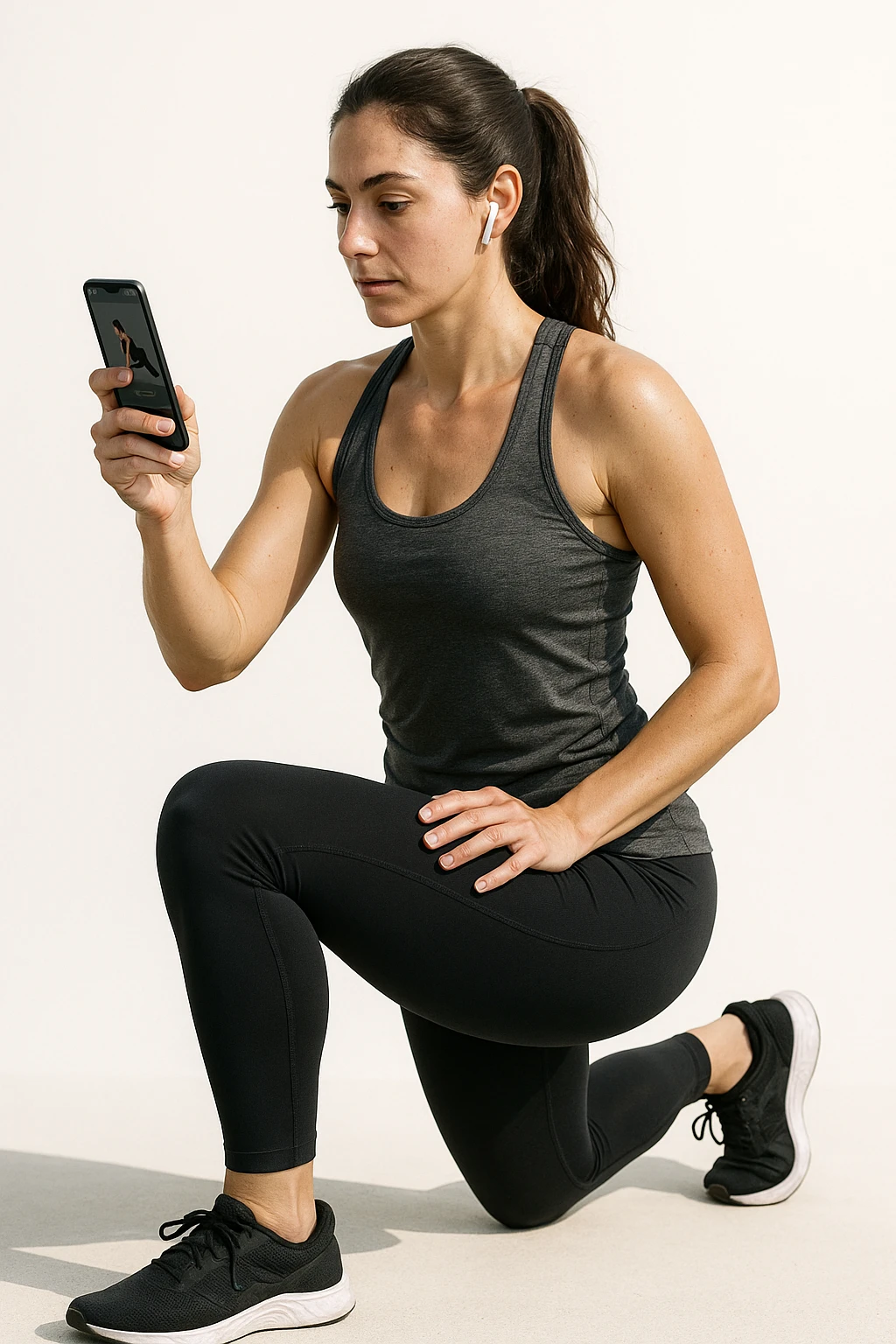 donna su sfondo isolato che fa workout tramite app fitness. in italiano emoji