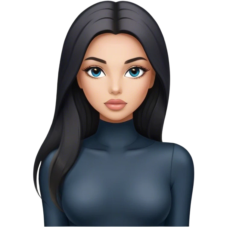 Glamours, tanned, very beautiful girl, with big pump peach-beige-rose lips, long long lashes, black straight smooth silky long hair, straight parting hair, blue-grey eyes in black long-sleeves bodysuit emoji