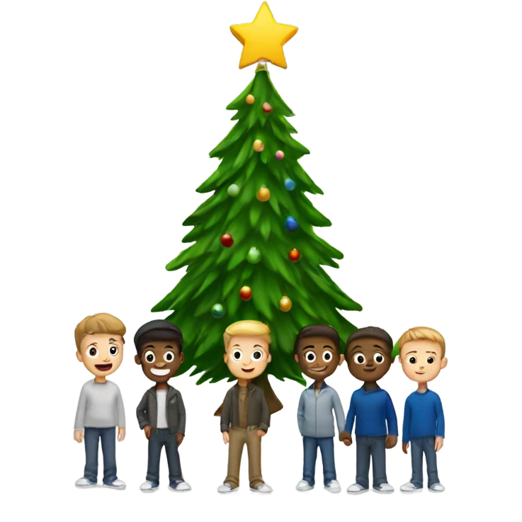 Six a white boys gathering round a Christmas tree and menorah   emoji