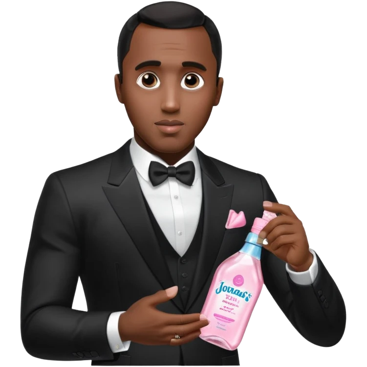 A realistic product shot of a transparent bottle of Johnson’s Baby Oil by Johnson & Johnson, featuring a soft pink label. The oil inside is crystal clear and glossy. Sean "Diddy" Combs in black suit is holding the bottle emoji