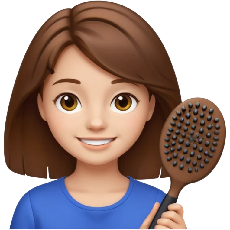 smiling girl with brown hair holding a hairbrush, minimal details, round face, iPhone emoji style emoji